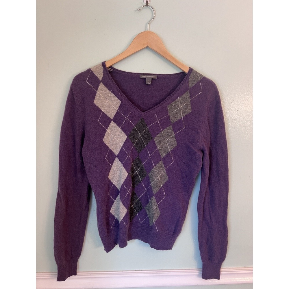 Purple Gray Argyle V Neck 100% Cashmere Sweater L Preppy Academia Old Money